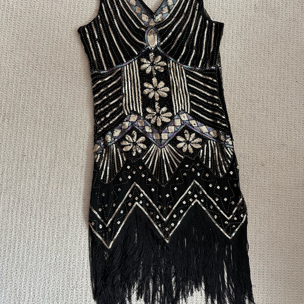 Black and Silver Sequin High-Low Cocktail Dress